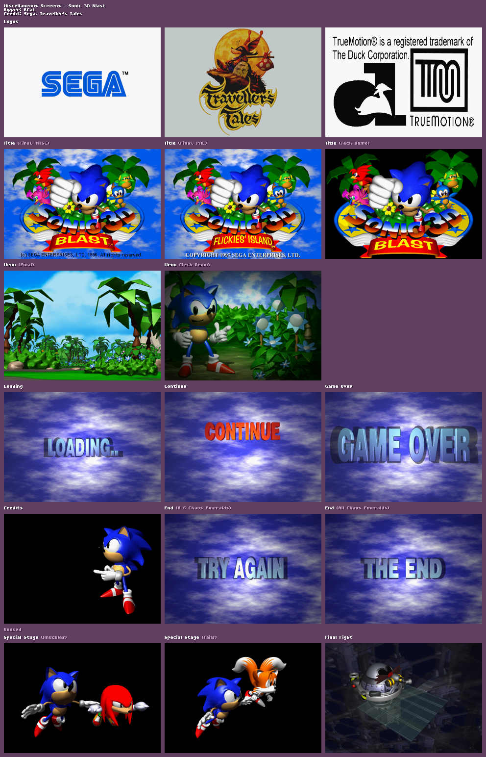Sonic 3D Blast - Miscellaneous Screens