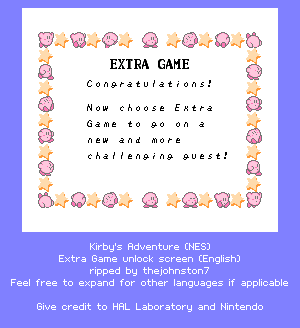 Kirby's Adventure - Extra Game Unlock Screen