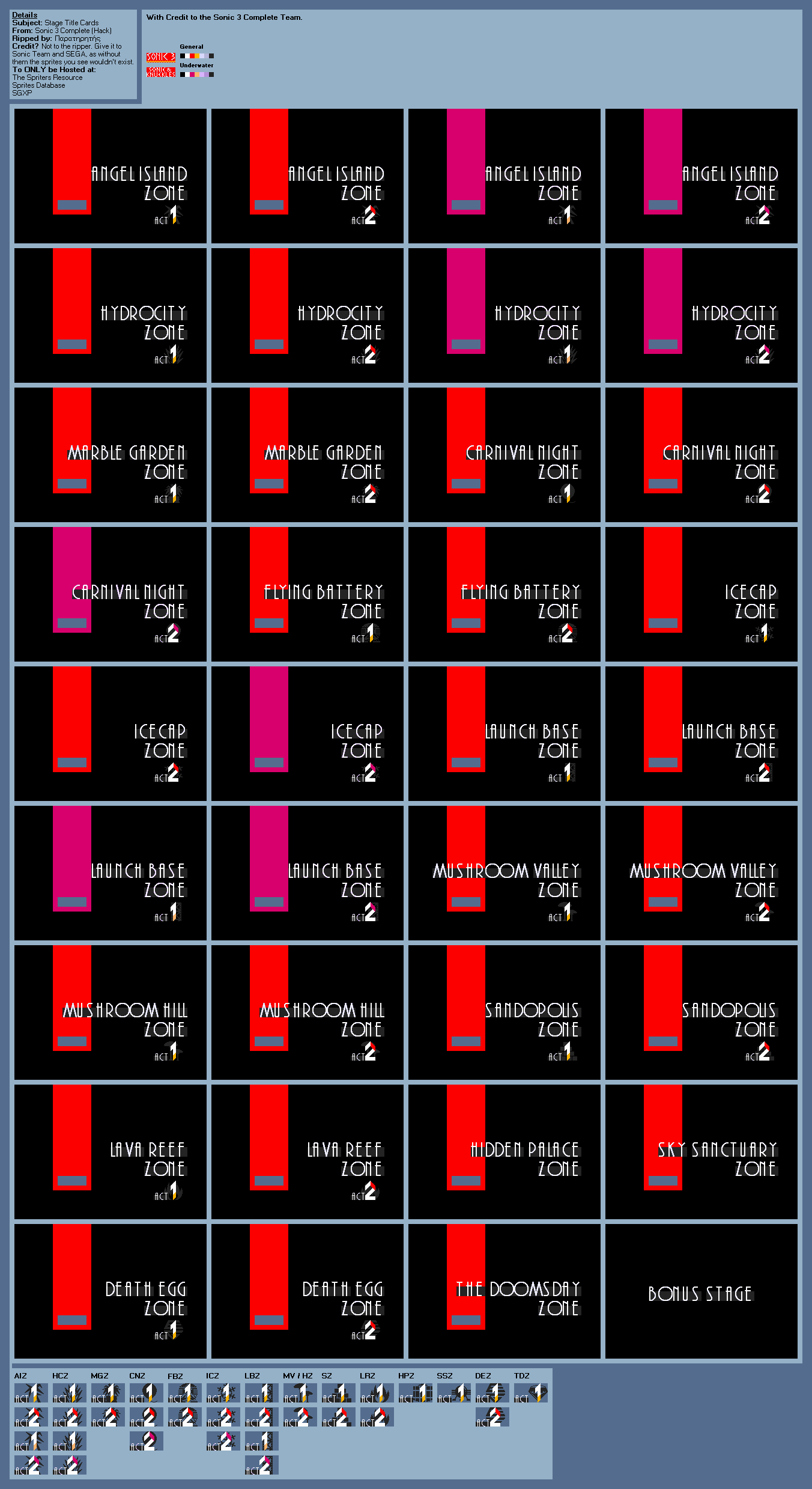 Sonic 3 Complete (Hack) - Stage Title Cards & Level Icons