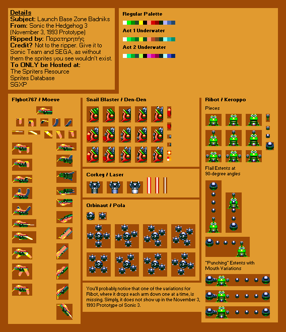 Sonic the Hedgehog 3 (November 3, 1993 Prototype) - Launch Base Zone Badniks