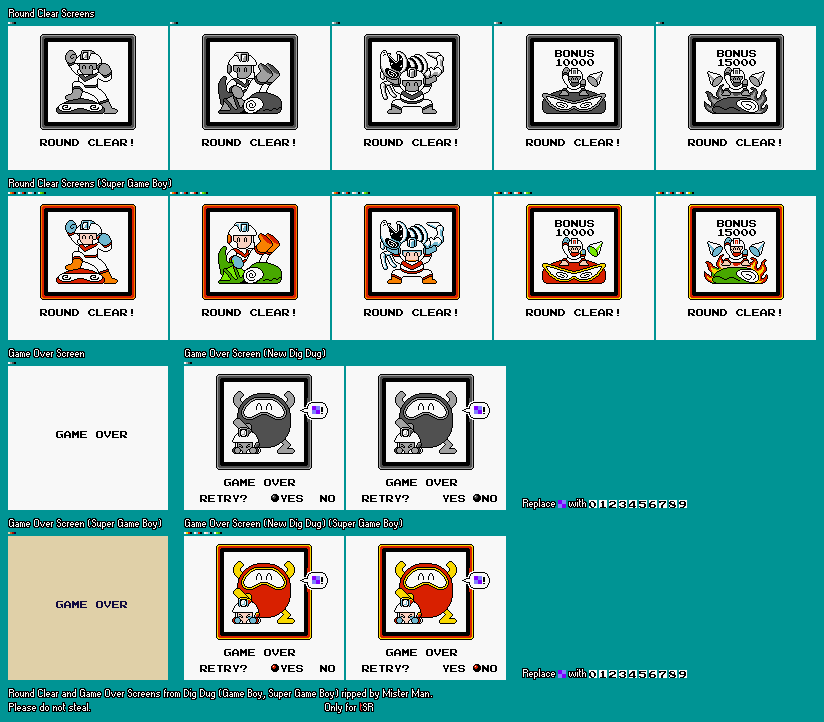 Dig Dug - Round Clear and Game Over Screens