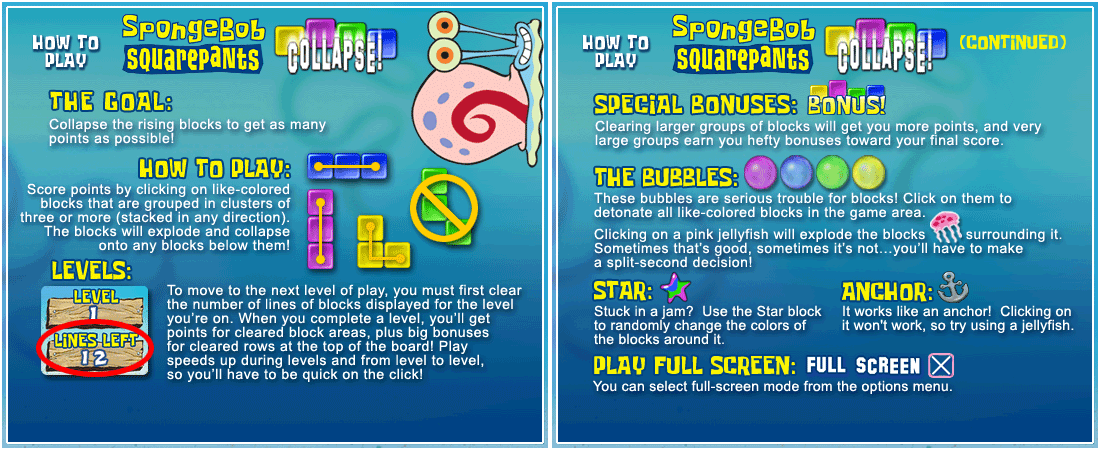 SpongeBob SquarePants Collapse - Instructions Screen