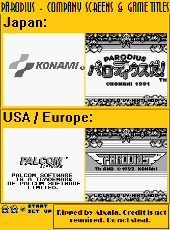 Parodius - Company Screens & Game Titles