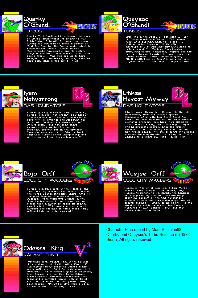 Quarky and Quaysoo's Turbo Science - Character Bios