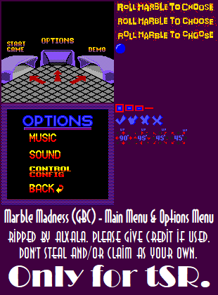 Marble Madness (Game Boy Color) - Main Menu & Options Menu