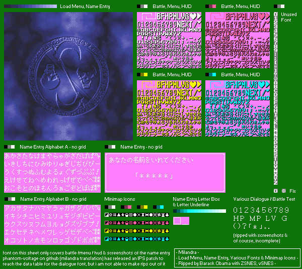 Milandra (JPN) - Load Menu, Name Entry, Various Fonts & Minimap Icons