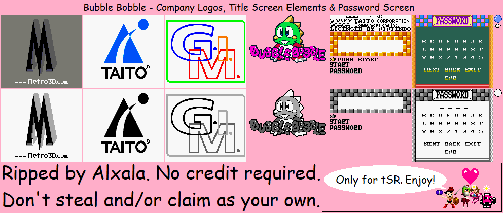Bubble Bobble - Company Logos, Title Screen Elements & Password Screen