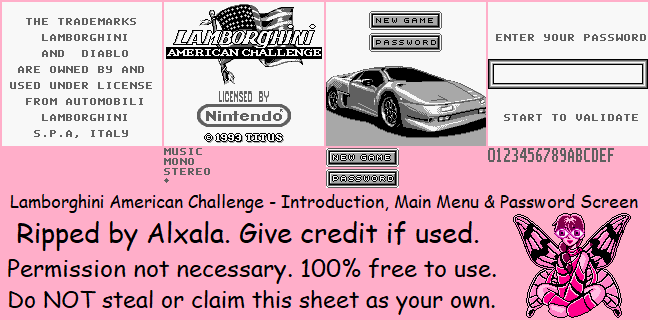 Lamborghini American Challenge - Introduction, Main Menu & Password Screen