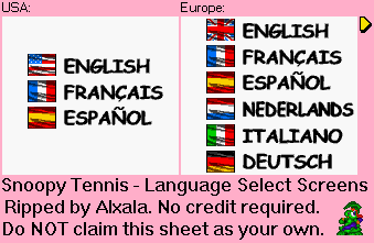 Snoopy Tennis - Language Select Screens