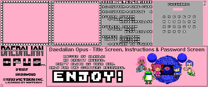 Title Screen, Instructions & Password Screen