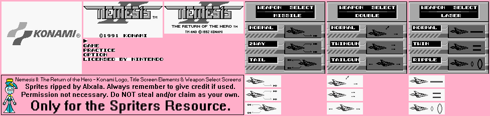 Nemesis II: The Return of the Hero - Konami Logo, Title Screen Elements & Weapon Select Screens