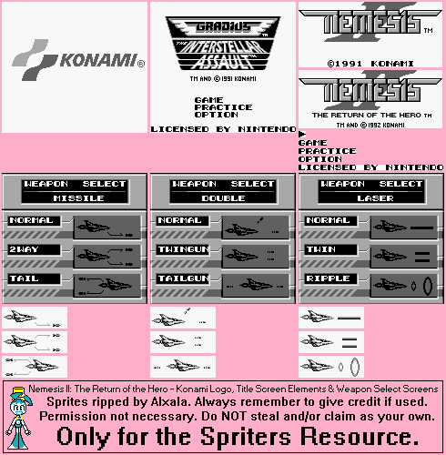 Konami Logo, Title Screen Elements & Weapon Select Screens