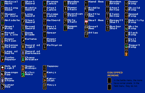 Shining Force 1: The Legacy of Great Intention - Item & Weapon Icons