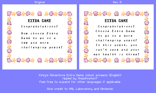 Kirby's Adventure - Extra Game Unlock Screen