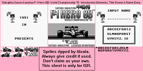 Nakajima Satoru Kanshuu F-1 Hero GB: World Championship '91 (JPN) - Introduction Elements, Title Screen & Name Entry
