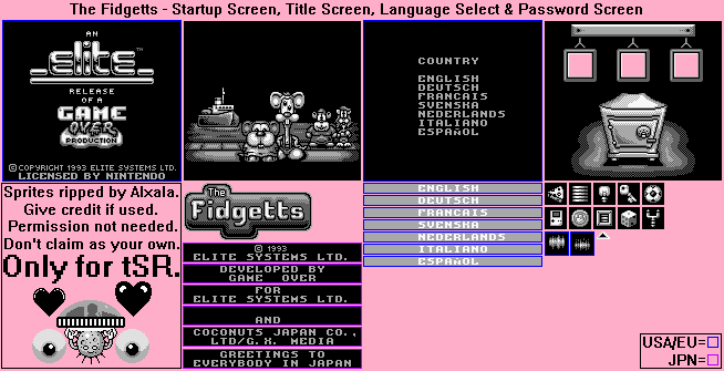 The Fidgetts - Startup Screen, Title Screen, Language Select & Password Screen