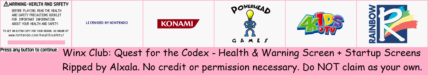 Winx Club: Quest for the Codex (GBA) - Health & Warning Screen + Startup Screens