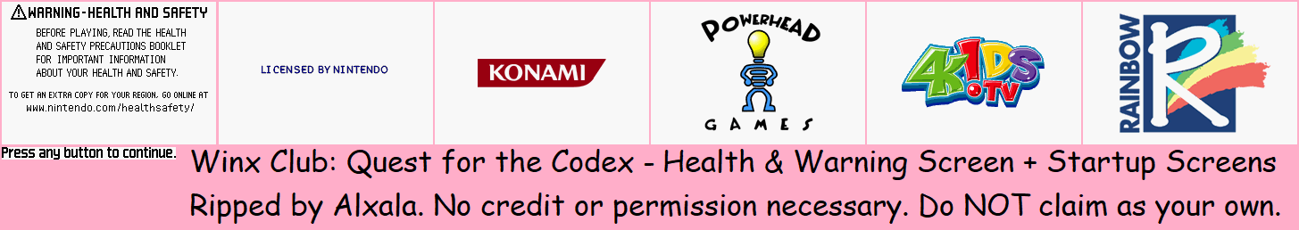 Winx Club: Quest for the Codex (GBA) - Health & Warning Screen + Startup Screens