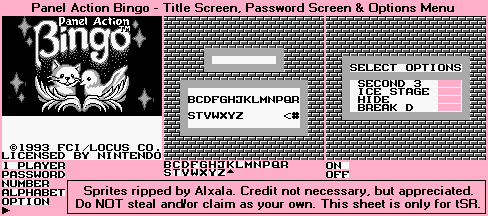 Panel Action Bingo - Title Screen, Password Screen & Options Menu