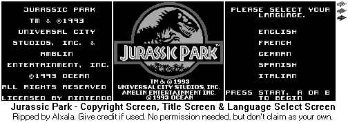 Jurassic Park (GB) - Copyright Screen, Title Screen & Language Select Screen