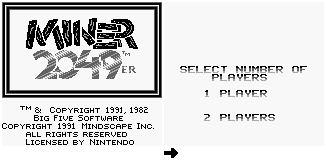 Miner 2049er (GB) - Title Screen & Player Mode Select Screen