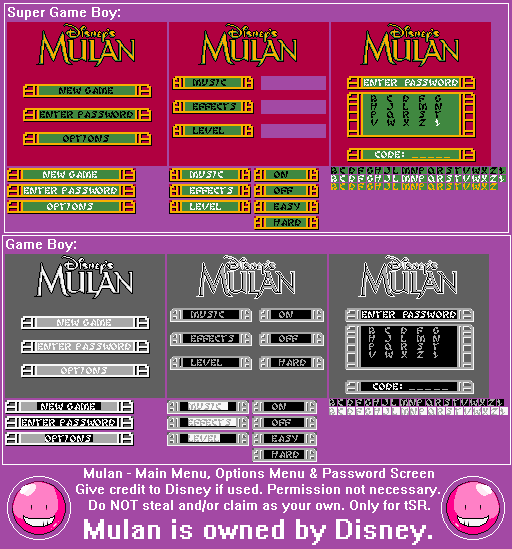 Mulan - Main Menu, Options Menu & Password Screen