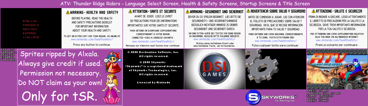 Language Select Screen, Health & Safety Screens, Startup Screens & Title Screen