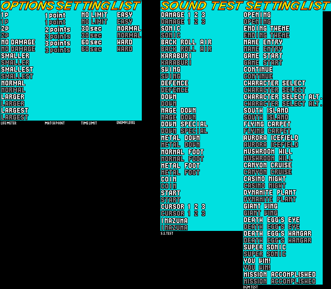 Options Settings List (Sonic the Fighters, Virtua Fighter 2 Genesis style)