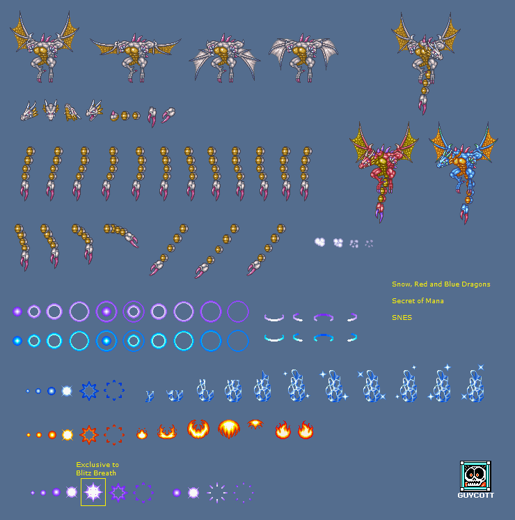 Secret of Mana - Snow Dragon, Red Dragon, & Blue Dragon