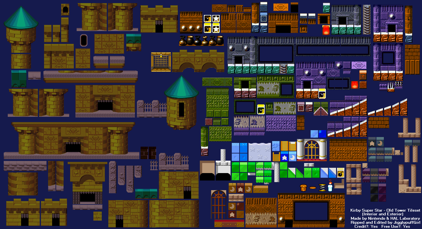 Kirby Super Star / Kirby's Fun Pak - Old Tower Exterior & Interior Tileset