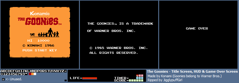 The Goonies (JPN) - Title Screen, HUD and Game Over Screen