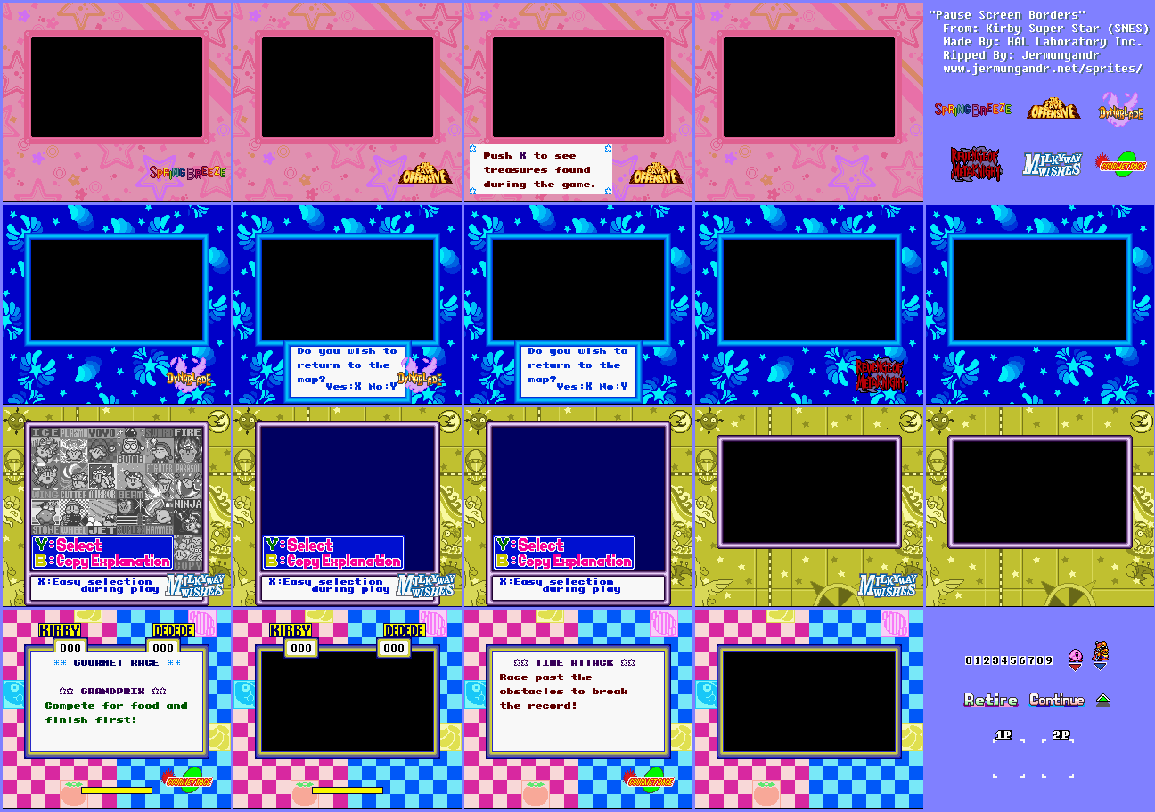 Kirby Super Star / Kirby's Fun Pak - Pause Screen Frames