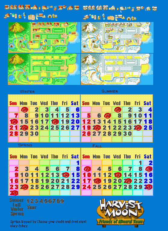 Harvest Moon: Friends of Mineral Town - Maps and Calendar
