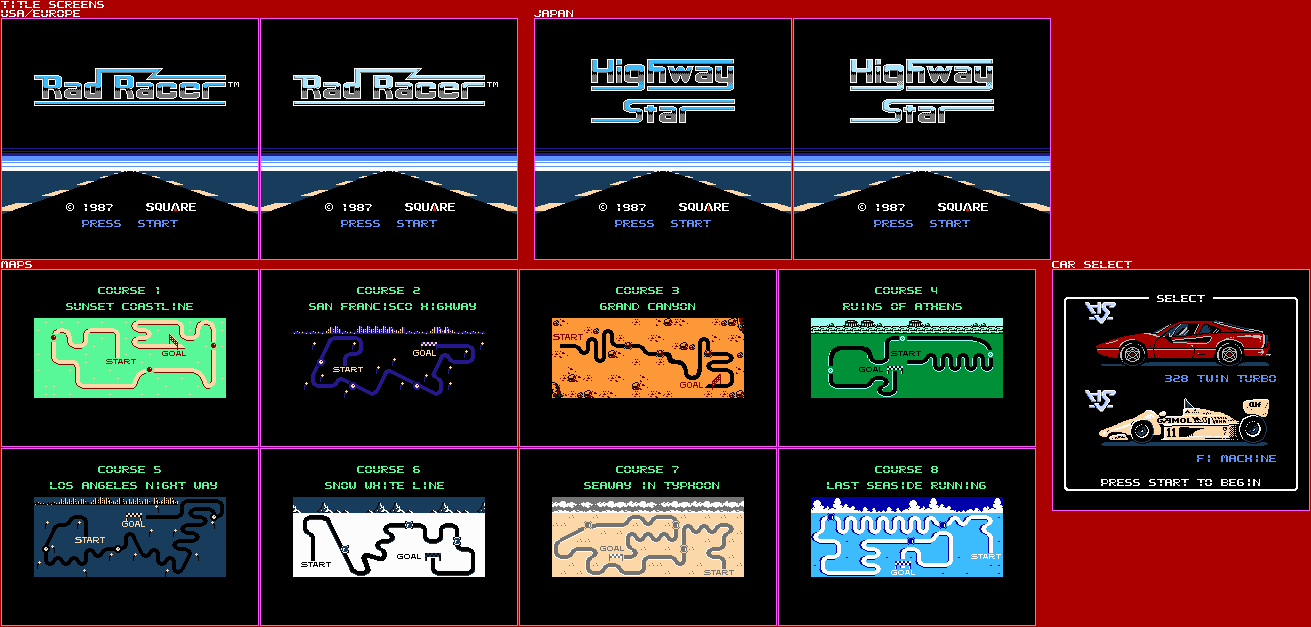 Rad Racer - Title Screens, Car Select, & Maps